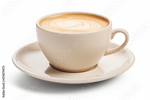 Stylish beige coffee cup in a ceramic mug, side view, isolated on a clean white background