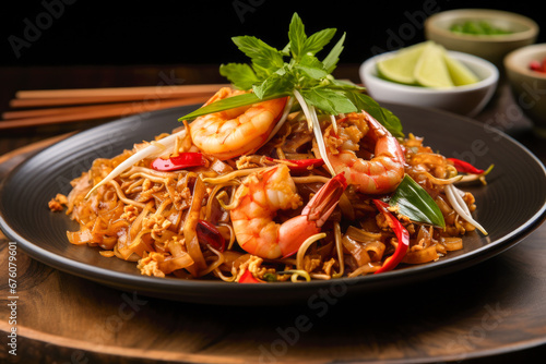 Pad thai, stir-fried noodle with chicken and vegetables