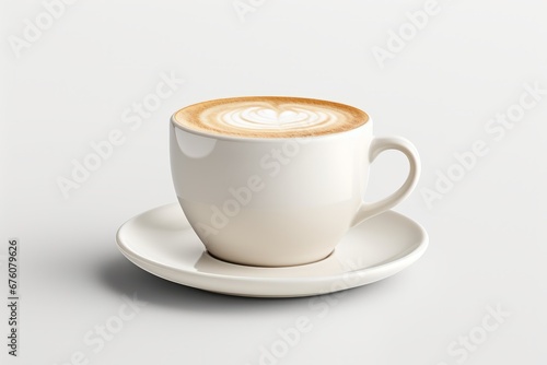 Elegant single white coffee cup in ceramic mug, side view isolated on pure white background photo