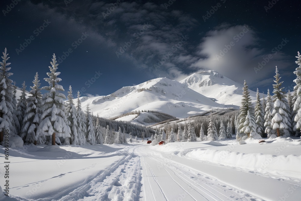 A snow covered road and mountains in the background with clouds in the sky and snow on the ground
