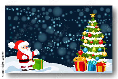 Beautiful Christmas and New Years background with decorated Christmas tree in fluffy snowdrifts against background of evening winter forest, falling snow and magical sky