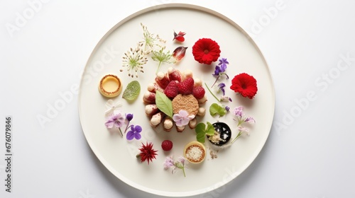  a white plate topped with different types of fruits and vegetables on top of a white tablecloth covered in flowers. generative ai