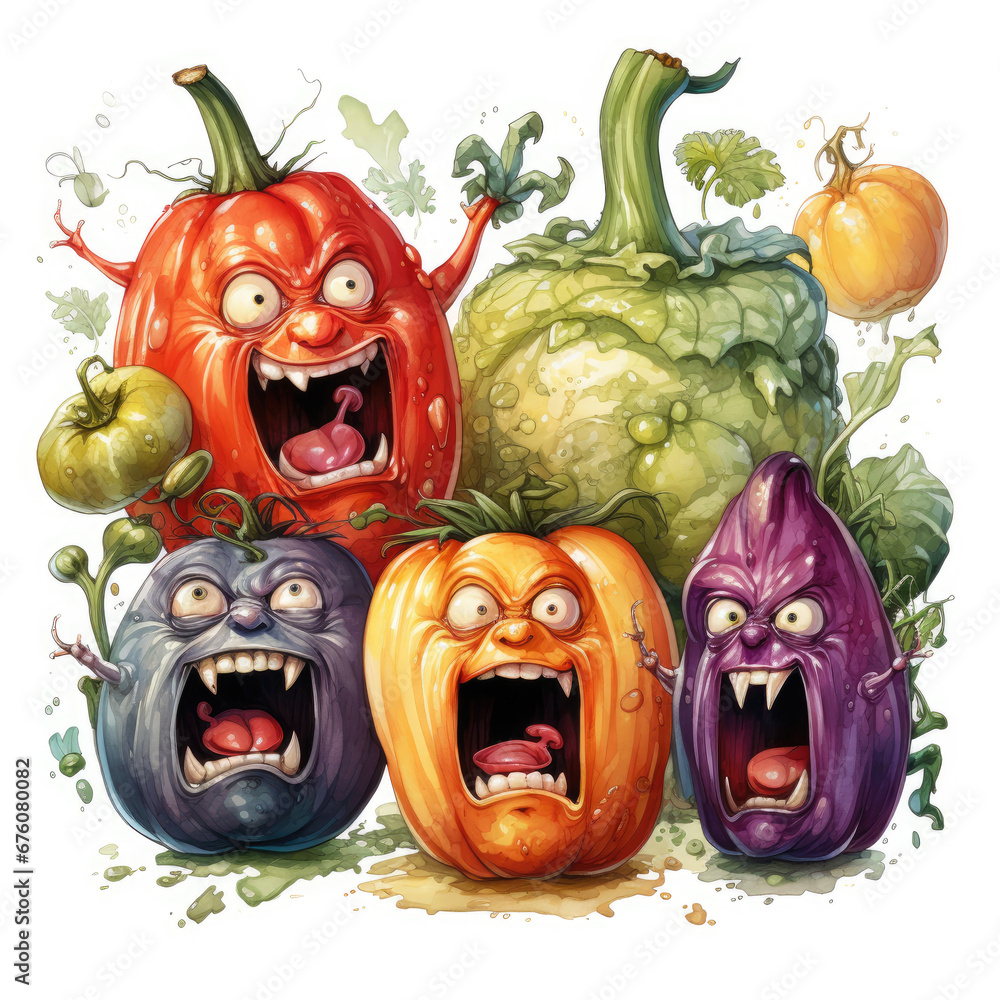 watercolor Cute Angry Fruits and Vegetables clipart, Generative Ai ...
