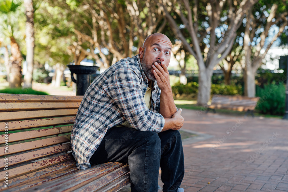 A man sits on a bench, holding his head in his hands. Distress, fear, emotions, problem