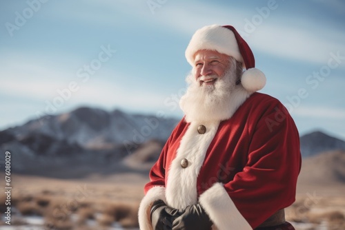 A close-up portrait of Santa Claus on the mountain during the New Year holidays. Cold winter landscape.