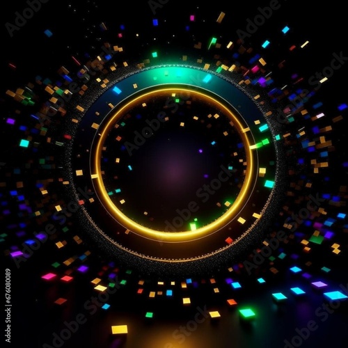 Festive carnival decorative background. Confetti, many small blurry glowing bright paper particles with a frame for text. Bokeh effect. Design for wallpaper, advertising, flyer, booklet, postcard