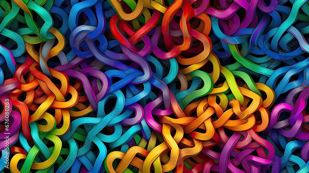  a multicolored background with a lot of interlocked links in the shape of a rainbow, red, yellow, blue, green, orange, pink, and purple.  generative ai
