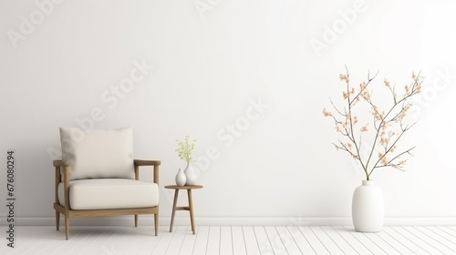 The interior has a armchair on empty white wall background. Generative Ai