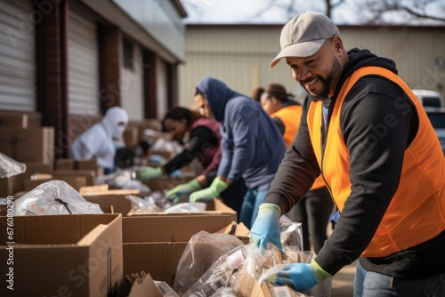 Volunteers engaging in neighborhood clean-up or helping at a food bank.