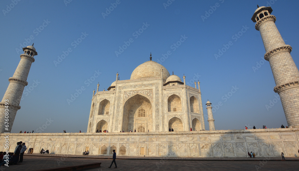 Taj Mahal at sunrise is an ivory-white marble mausoleum on the right bank of the river Yamuna in Agra India