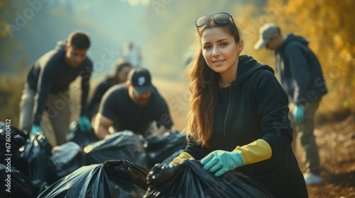 Group of college students volunteers in gloves with garbage bags clean up in bright day.