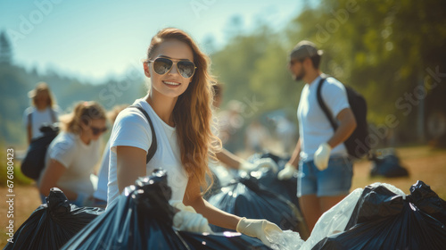 Group of college students volunteers in gloves with garbage bags clean up in bright day.