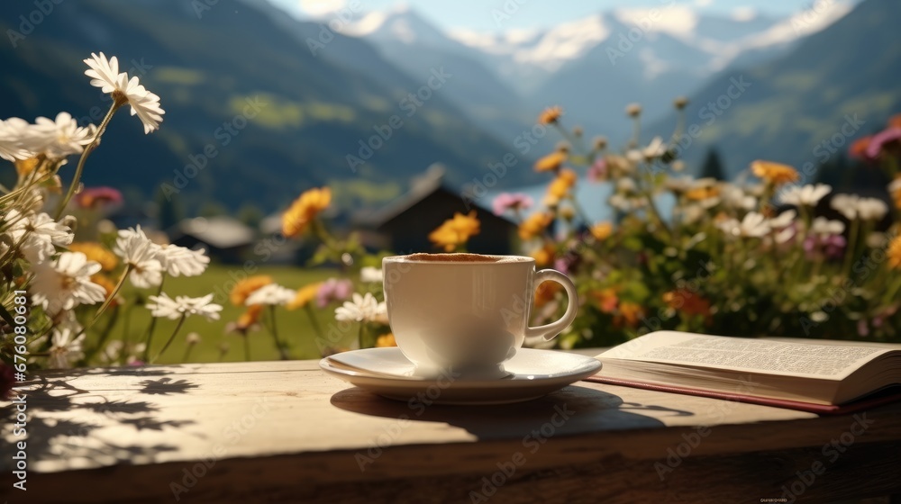Coffee and small book outside with beautiful view with flowers and the alps in the background, Relaxing. Coffee and small book outside with beautiful view with flowers and the alps in the background, Relaxing.