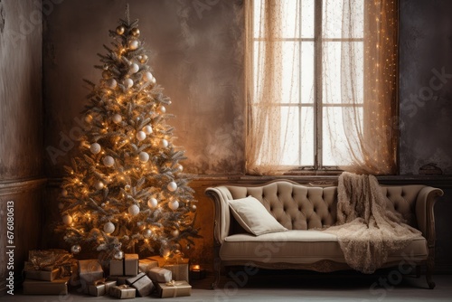 Сozy stylish living room with sofa, pillow and plaud, curtains with luminous garlands on lagre window. Decorated christmas tree, gift boxes on the floor, new year home decor  photo