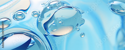 Water drops or oil bubbles on blue background. panorama picture.