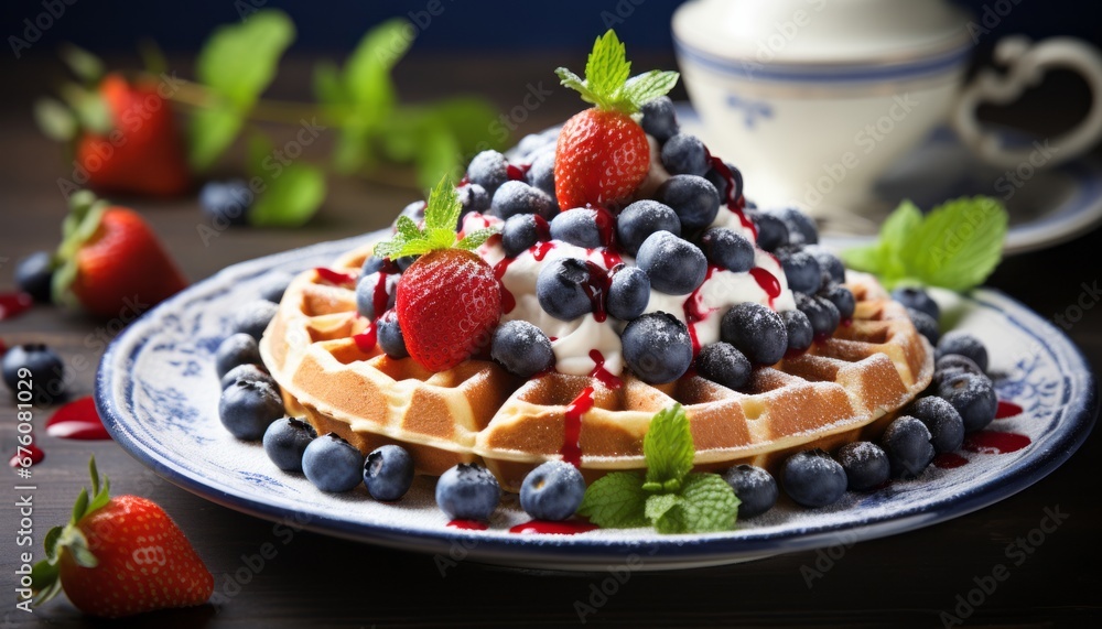 Deliciously tempting waffles with luscious berries, a sweet treat to satisfy cravings Deliciously tempting waffles with luscious berries, a sweet treat to satisfy cravings