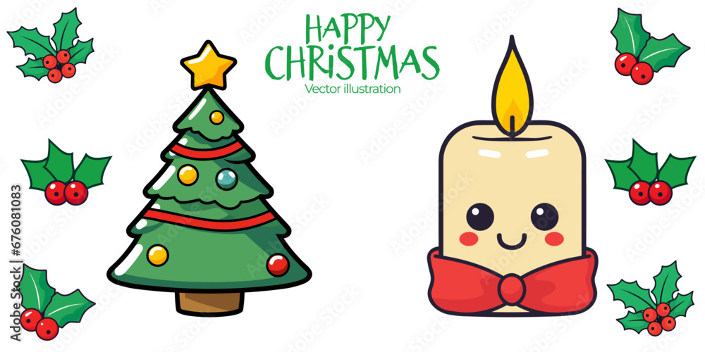 Christmas Assets in Vector Illustration: Set Collection of Candle, Three, and Mistletoe for Kids’ Party - isolated on transparent background, png Christmas Assets in Vector Illustration: Set Collection of Candle, Three, and Mistletoe for Kids’ Party - isolated on transparent background, png