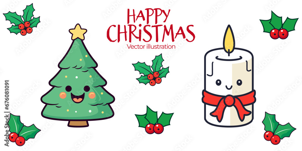 Naklejka premium Three, Candle, and Mistletoe: A Set Collection of Christmas Vector Illustration for Kids - isolated on transparent background, png