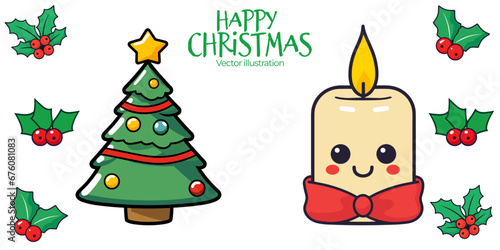 Christmas Assets in Vector Illustration  Set Collection of Candle  Three  and Mistletoe for Kids    Party - isolated on transparent background  png