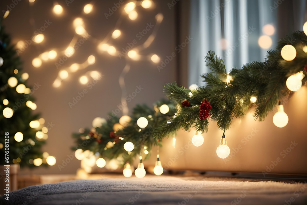 Festive garland with lots of shining light bulb. Creative greeting banner. Christmas winter holiday composition. Generative AI.