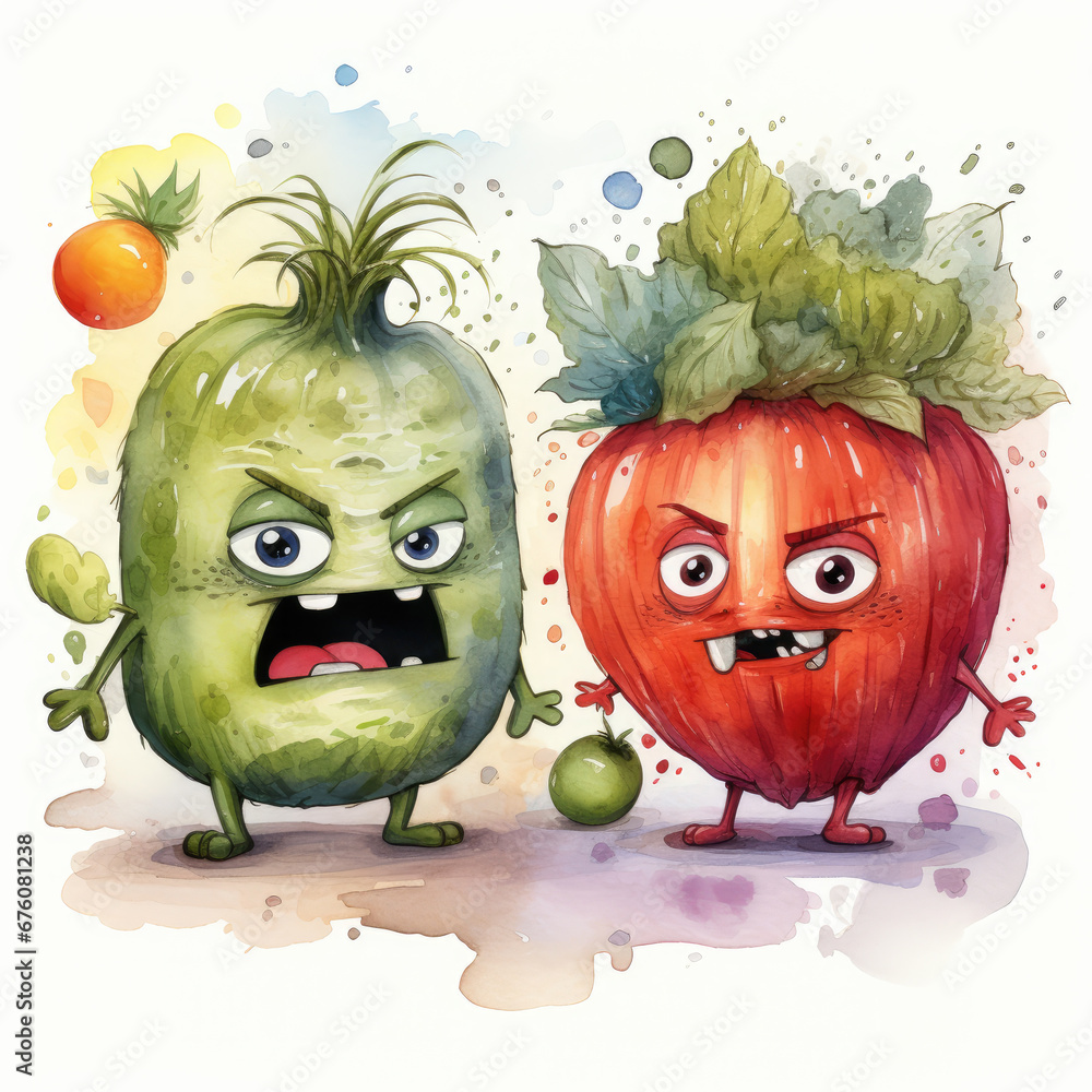 watercolor Cute Angry Fruits and Vegetables clipart, Generative Ai ...