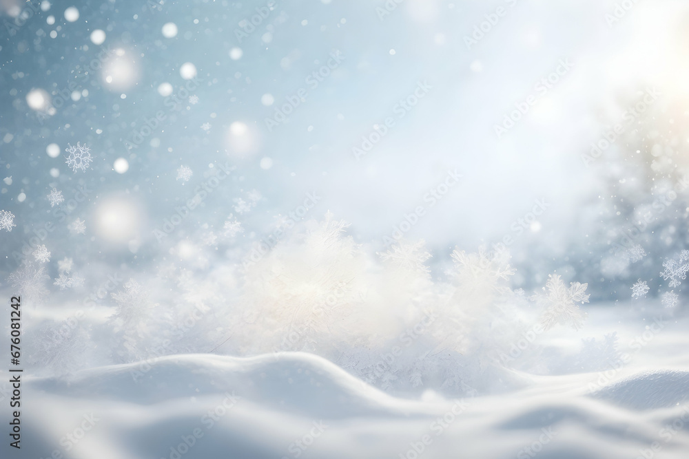 Christmas winter background with snow, snowflakes and bokeh lights. Creative greeting banner. Christmas winter holiday composition. Generative AI. Christmas winter background with snow, snowflakes and bokeh lights. Creative greeting banner. Christmas winter holiday composition. Generative AI.