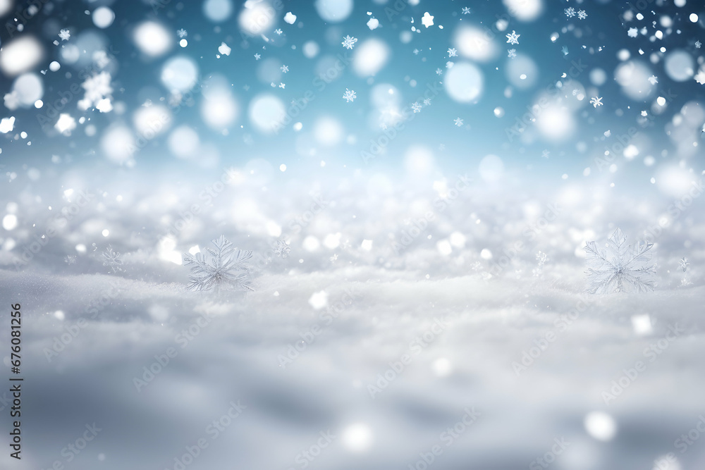 Christmas winter background with snow, snowflakes and bokeh lights. Creative greeting banner. Christmas winter holiday composition. Generative AI.
