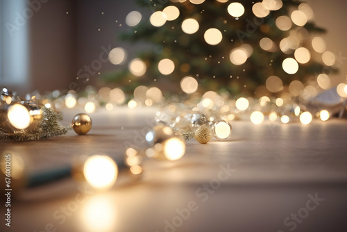 Festive garland with lots of shining light bulb. Creative greeting banner. Christmas winter holiday composition. Generative AI.