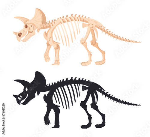 Cartoon triceratops dino skeleton. Dinosaur fossil bones silhouette. Ancient jurassic raptor bones flat vector illustration. Archaeological fossil skeleton