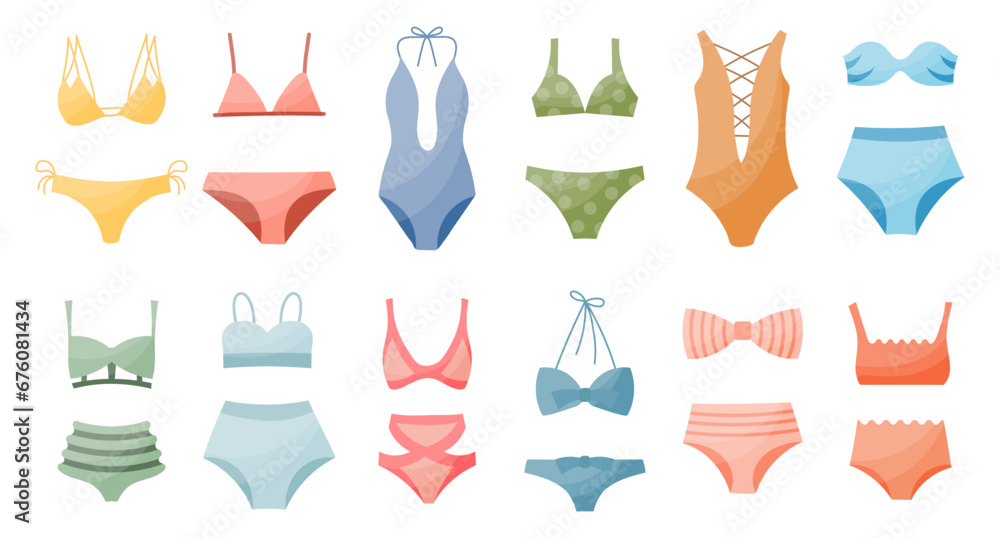 Set of women's bikini swimwear, swimsuits on a white background. Women's clothing icons, vector Set of women's bikini swimwear, swimsuits on a white background. Women's clothing icons, vector
