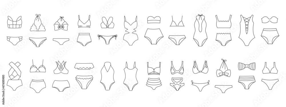 Set of line drawings of women's bikini swimwear on a white background. Women's clothing icons, sketch, vector Set of line drawings of women's bikini swimwear on a white background. Women's clothing icons, sketch, vector