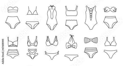 Set of line drawings of women's bikini swimwear on a white background. Women's clothing icons, sketch, vector