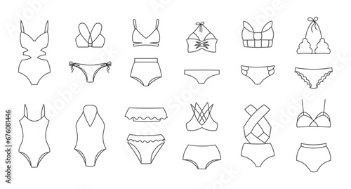 Set of line drawings of women's bikini swimwear on a white background. Women's clothing icons, sketch, vector