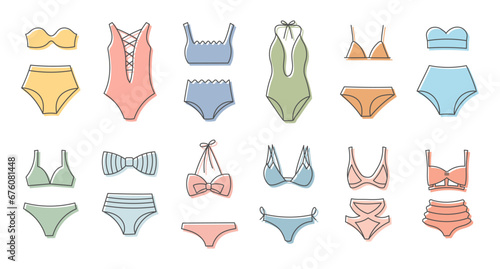 Set of line drawings of women's bikini swimwear on a white background. Women's clothing icons, sketch, vector