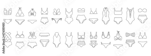 Set of line drawings of women's bikini swimwear on a white background. Women's clothing icons, sketch, vector