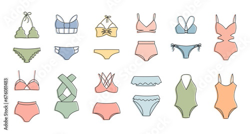 Set of line drawings of women's bikini swimwear on a white background. Women's clothing icons, sketch, vector