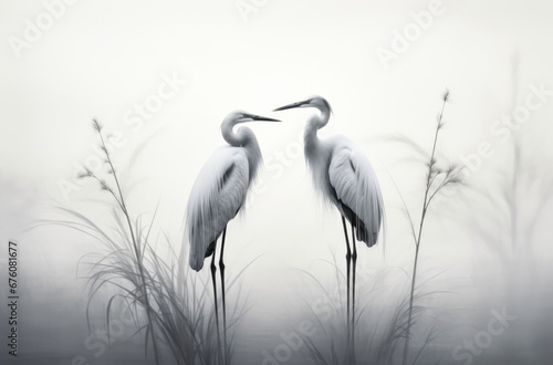 A pair of white heron standing in a foggy water.