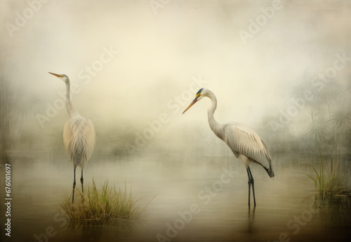 A pair of white heron standing in a foggy water.