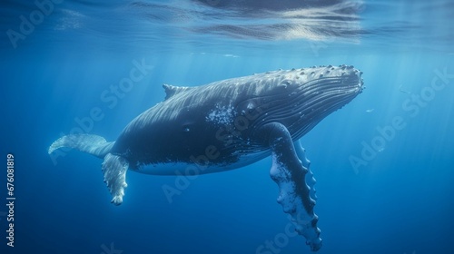 A Baby Humpback Whale Plays Near the Surface in Blue Water. generative ai © Ahtesham
