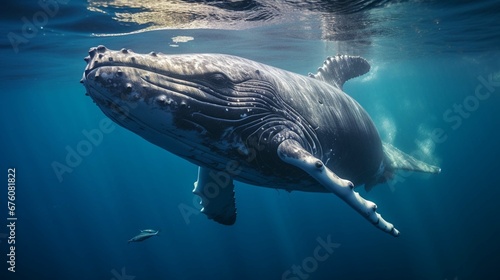 A Baby Humpback Whale Plays Near the Surface in Blue Water. generative ai