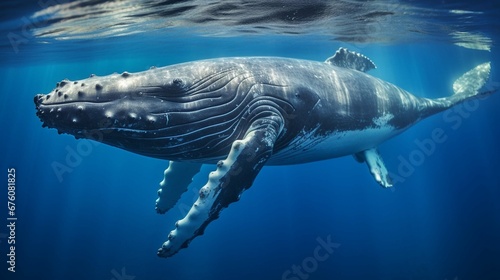 A Baby Humpback Whale Plays Near the Surface in Blue Water. generative ai © Ahtesham