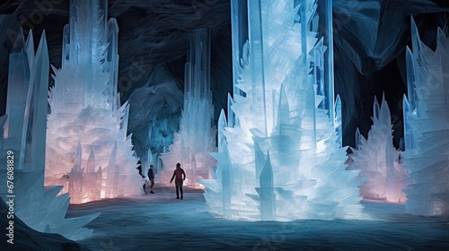  a group of people standing inside of a cave filled with ice and snow floese covered in blue and white icicles. generative ai