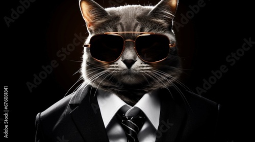 A cat wearing sunglasses and a suit with a tie. generative ai