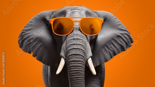 the wild gray elephant in trendy sunglasses against an orange background. generative ai © Ahtesham