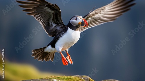 
Atlantic Puffin (Fratercula arctica) taking flight with a beak full of fish. Iceland's Vigor Island has a puffin colony as well as a rookery for Arctic Terns. generative ai photo