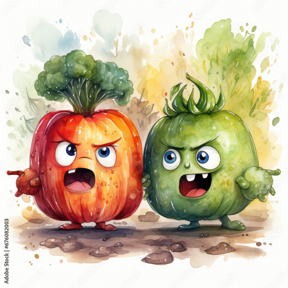 watercolor Cute Angry Fruits and Vegetables clipart, Generative Ai ...