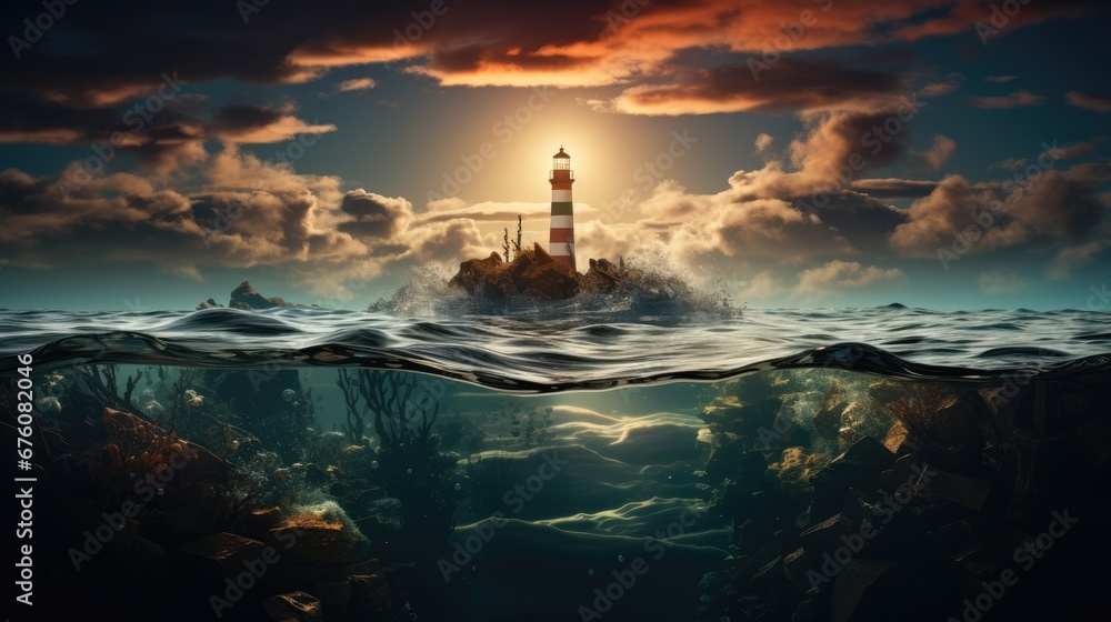  a painting of a lighthouse in the middle of the ocean under a cloudy sky with a light house in the distance.  generative ai