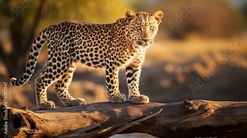 Leopard (Panthera pardus) standing on a log. generative ai