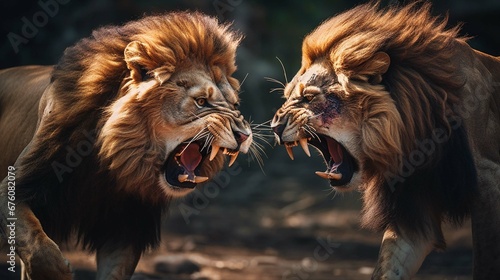 lions fighting a closeup rare view. generative ai 