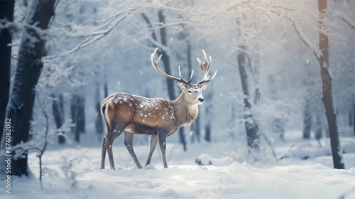 Noble deer male in the winter snow forest. Artistic winter Christmas landscape. generative ai © Ahtesham